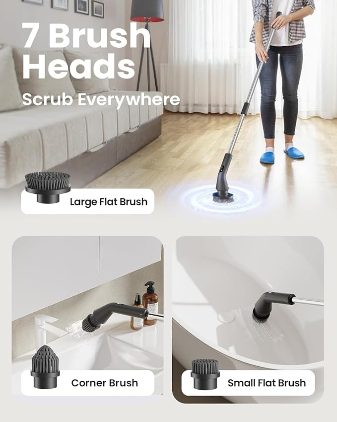 Electric Spin Scrubber with 7 Brush Heads & Extendable Handle for Bathroom and Kitchen Cleaning
