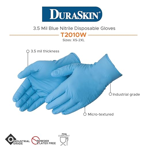 DuraSkin T2010W Nitrile Disposable Gloves, 3.5 Mil - Blue, Small | Powder-Free, Micro-Textured, Industrial Grade | for Janitorial, Cleaning, Manufacturing (Box of 100)