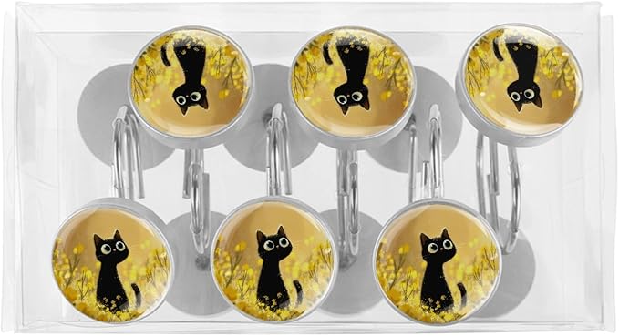 12 Packs Cute Cat in the Flowers Shower Curtain Hooks, Stainless Steel Glass Shower Curtain Rings for Bathroom Decor, Metal Rustproof Curtain Rod Hooks