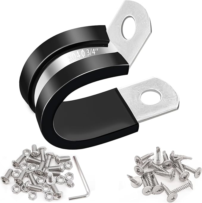 Taiss 40PCS 3/4 Inch Cable Clamps 304 Stainless Steel Rubber Cushion Insulated Wire Clamps,Loop Clamps,Metal Clamp,Pipe Clamps With two kinds of screws,(19mm) F-098-19mm