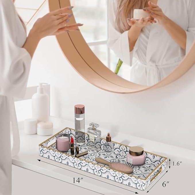 MAONAME White Decorative Tray, Plastic Serving Tray with Handles, Rectangular Moroccan Trays, Long Narrow Trays for Bathroom, Kitchen Counter, 13.8" X 6" X 1.57"
