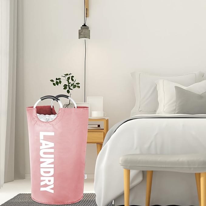 Laundry Hamper Bags 2 Pack, Large Laundry Baskets Collapsible, Dirty Clothes Hampers with Handles, Freedstanding Laundry Bin for Bedroom, College Dorm Room, Sturdy, Easy Carry (Pink)