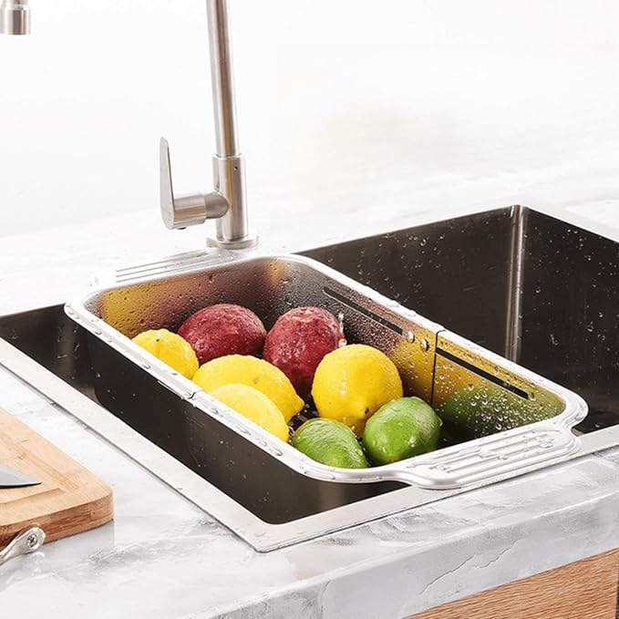 Extendable Over the Sink Colander Strainer Basket, Stainless Steel Retractable Kitchen Sink Basket - Wash Vegetables, Fruits, Drain Pasta and Dry Dishes XL (XL)
