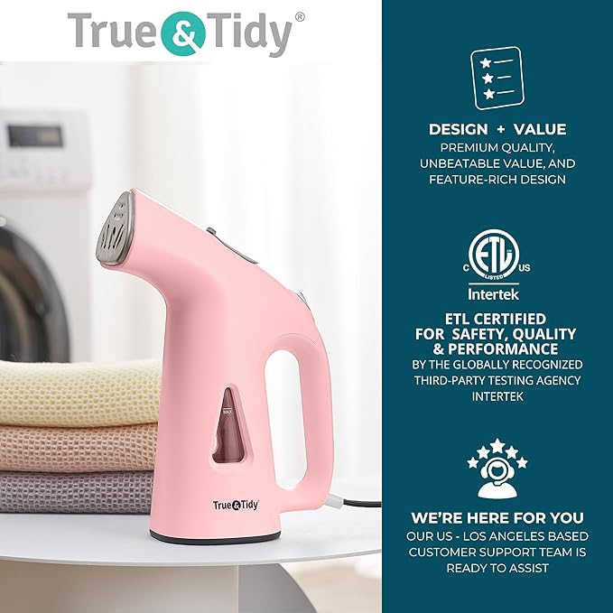 True & Tidy® Handheld Garment Steamer for Clothes with Water Cup Accessory, Portable Travel Steam Iron, Stainless Steel Plate up to 10 mins of Continuous Steam, 800 Watts, Pink