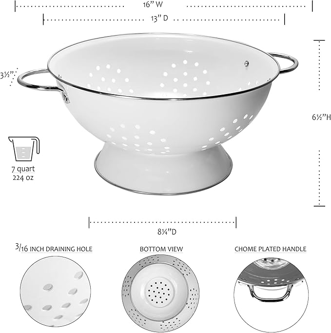 Reston Lloyd Calypso Basics Extra Large Enameled Colander with Solid Base, Strainer Basket with Handles, for Pasta, Berries, Vegetables, Fruit, 7 Quart (224oz/ 6.6 L), Black