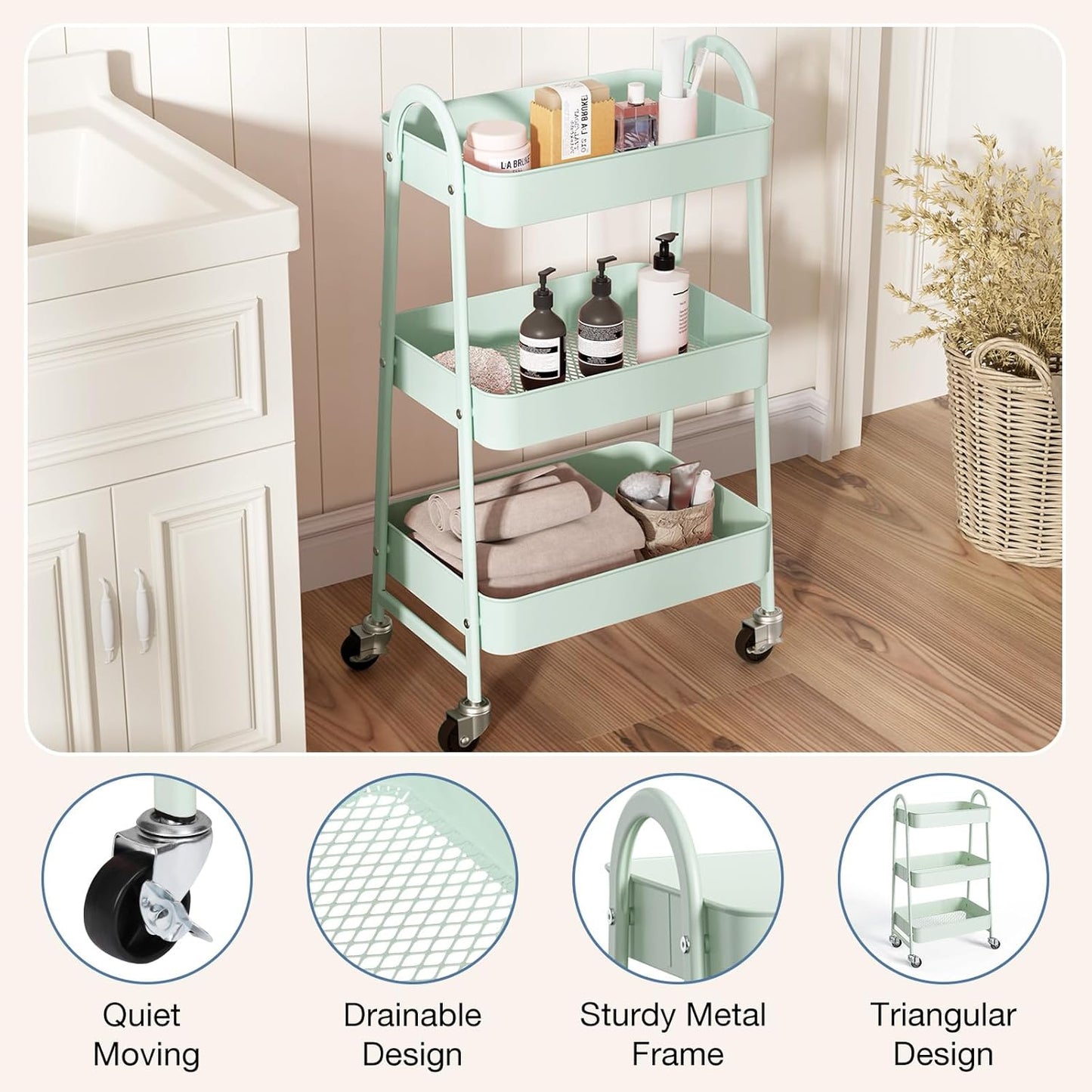 3-Tier Metal Rolling Storage Cart with Lockable Wheels – Mesh Utility Cart for Bathroom, Kitchen & Living Room (Pale Green)