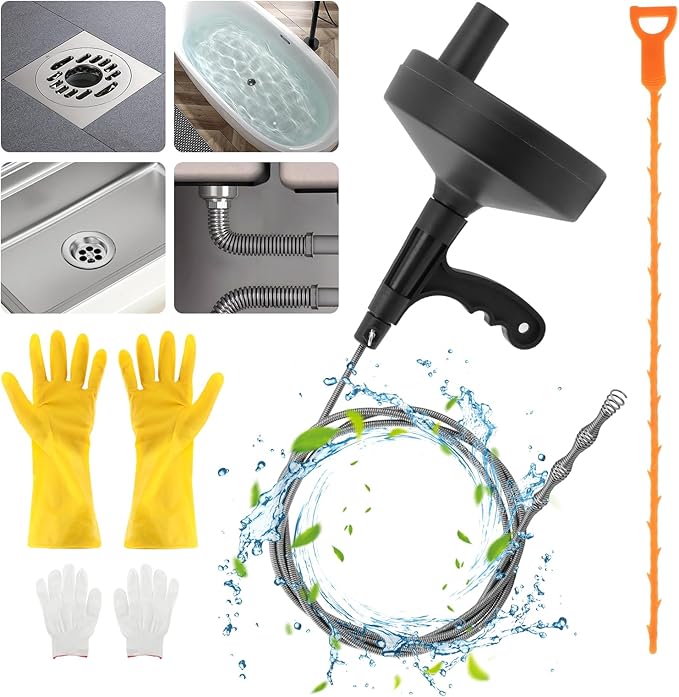 Drain Auger 33 Feet, Snake Drain Hair Removal Tool with 2 Gloves, Plumbing Sink Unclogger Drain Cleaner Toilet Snake Auger for Kitchen Bathroom Tub Shower