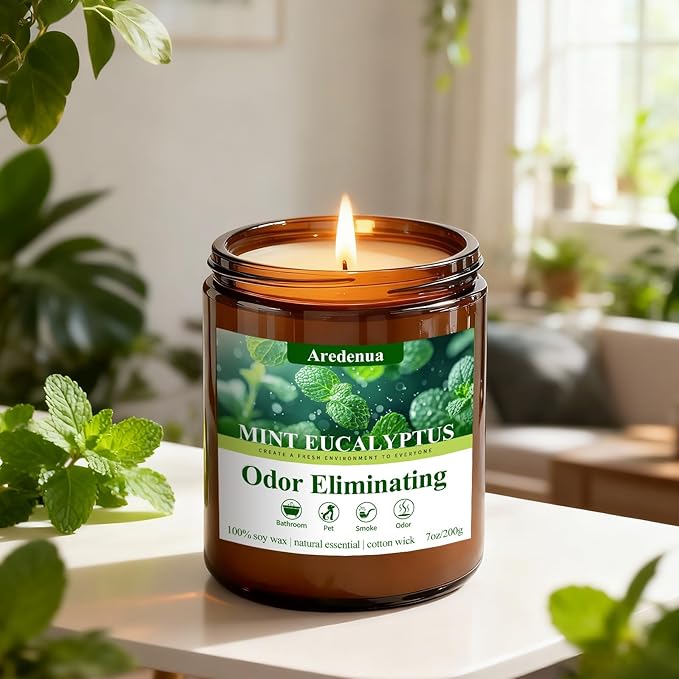 Mint Eucalyptus Odor Eliminating Candles | Eliminates 95% of Pet, Smoke & Bathroom Odors โ 7 oz Hand Poured Non-Toxic Soy Candle - Air Freshing Scented Candles - Stress Relief Gifts for Women Men