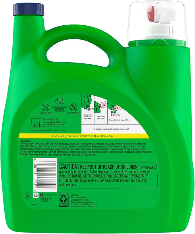 Gain Liquid Laundry Detergent, Happy, HE Compatible, 154 fl oz, 107 Loads