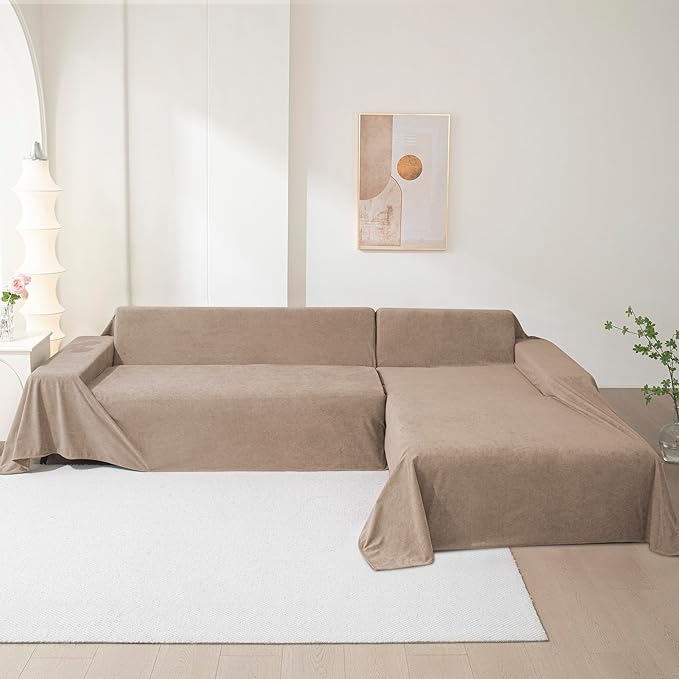 MEETSKY Couch Cover for 3 Cushion Sofa, Cat Scratch Proof Couch Protector Washable Sofa Covers Sectional Couch Covers for Dogs Soft L Shape Sofa Slipcover for Pets Kids, 91" x134”, Khaki