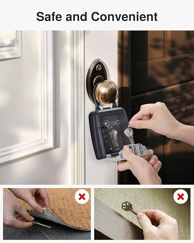 Puroma Large Key Lockbox with Hook, Resettable Combination Code Lock Box, Waterproof Security Wall Mount Lock Box with Shackle for Outdoor, Home, Door Handle Apartment Key Storage (1 Pack, Gray)