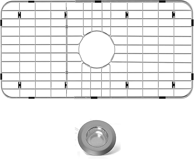 Stainless Steel Sink Protector 25-1/8" x 12-7/8" with Center Drain, Metal Sink Rack for Bottom of Sink, Kitchen Sink Grate and Sink Protectors with Sink Strainer (25-1/8" x 12-7/8" - Center Drain)