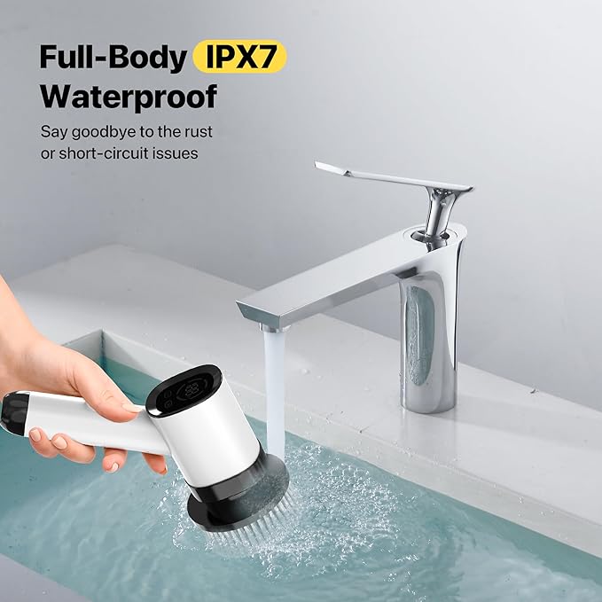 Electric Spin Scrubber - Electric Scrubber for Cleaning with 7 Replaceable Heads - Full-Body Waterproof Tub Scrubber with Long Handle - Electric Brush Cleaner for Bathroom