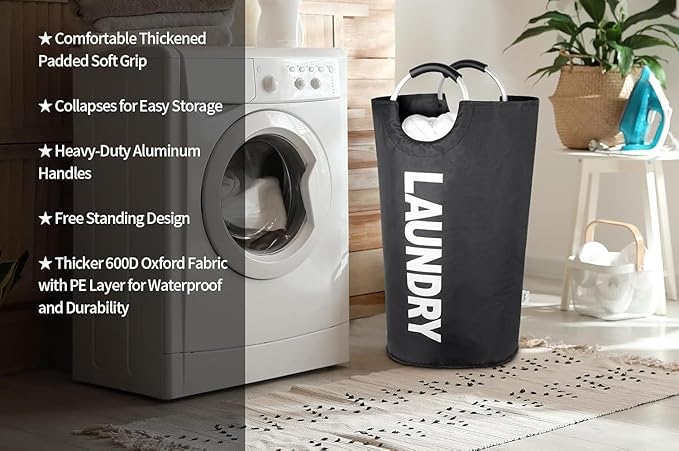 Large Laundry Basket Collapsible,Freestanding Clothes Hamper Bag with Handles – Tall Folding Dirty Laundry Bin,Sturdy Laundry Sorter for College Dorm,Laundry Room – 115L (Black)