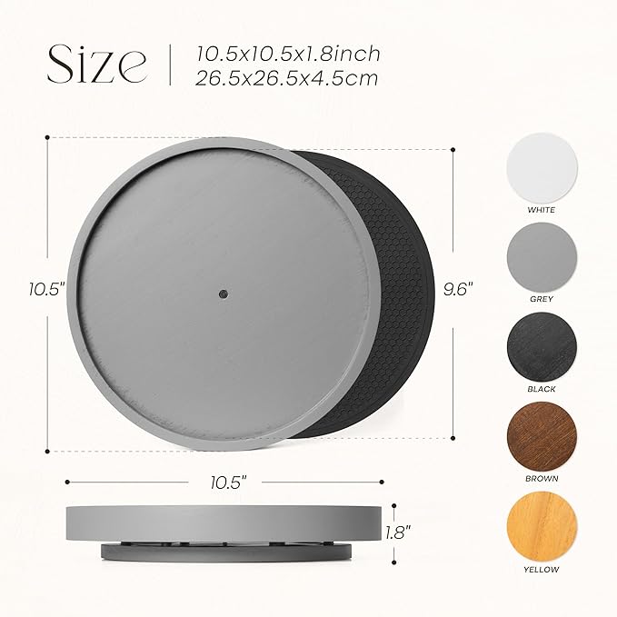 EOSAHR Farmhouse Non-Skid Wooden Lazy Susan for Countertop – 10.5" Lazy Susan Organizer as Spice Rack & Bathroom Counter Organizer with Rubber Mat - Perfect for Kitchen Counter Tray (Gray)