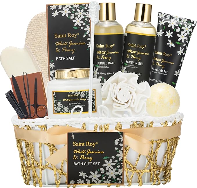 11 Pcs Spa Day Gifts for Women, White Jasmine & Peony Spa Gift Basket Set, Self-Care Relaxation Kit, Nail Clippers Set, Bath & Body Care Set, Bomb, Birthday, Mother's Day, Christmas, Anniversary
