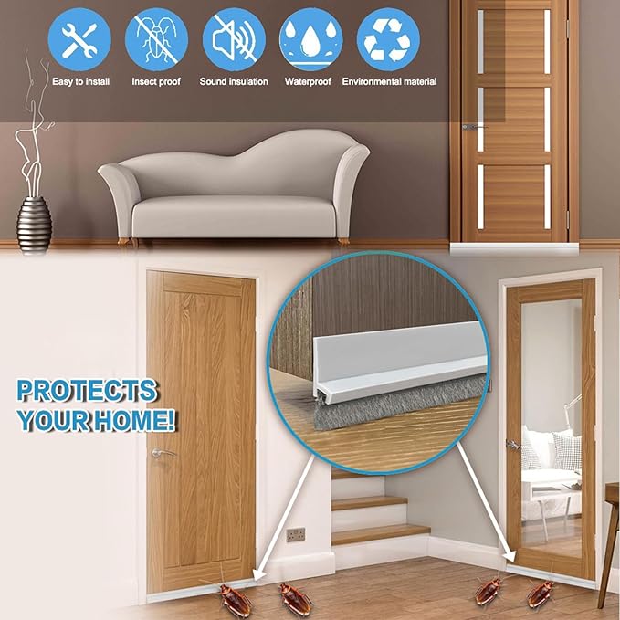 39-inch Door Draft Stopper with Brush - Adhesive Weather Stripping Seal for Exterior/Interior Doors | Under Door Sweep Blocks Drafts, Noise & Dust | Fits 1/4"-1" Gaps (Black)