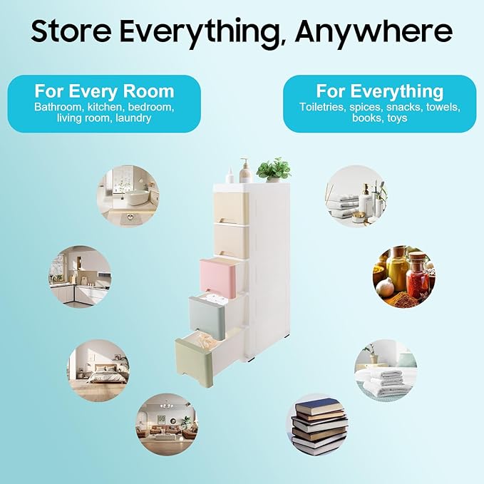 Narrow Plastic Drawers Cabinet, Multi-functional Plastic Tower Organizer with Wheels for Small Space Bathroom Bedroom Kitchen Offices Dormitory, 7 * 15 * 33in (Colorful B)