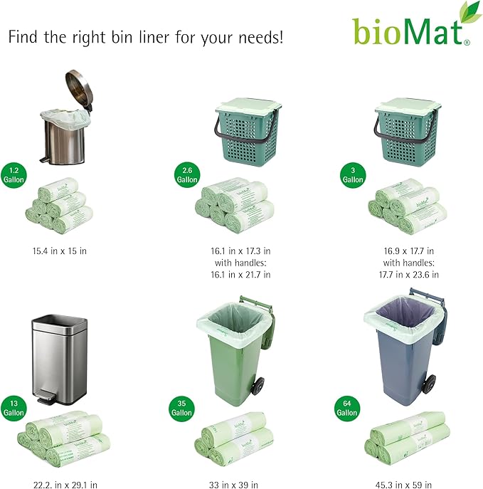 bioMat 2.6 Gallon Compostable Food Scrap Bags with Handle Ties, 150 Count, Compost Bags for Countertop Bins, BPI ASTM D6400 and CMA Certified Small Trash Bags