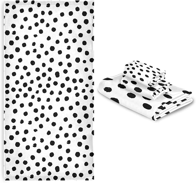 3 Piece White Black Polka Dot Bath Towel Set,Microfiber Decorative Vintage Black Spots Doodle Pattern Modern Bathroom Towels,1 Bath Towel 1 Hand Towel for Bathroom Kitchen,1 Washcloth for Face