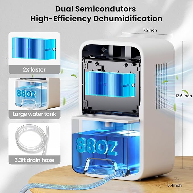 Dehumidifiers(88OZ) for Home Small Dehumidifier With Drain Hose Timer (8-12-24H) Ultra-Quiet with Sleep Mode Auto Shut Off for Bedroom Bathroom Basement Kitchen RV Closet(850.0Sq.ft)
