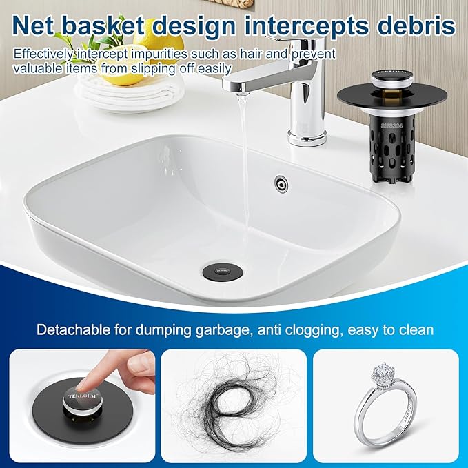 Bathroom Sink Stopper,All Metal Pop-Up Sink Drain Strainer with Removable Stainless Steel Filter Basket, Universal Bathroom Hair Catcher Fit for 1.1-2.36'' Drain (Black, 2 Pack)