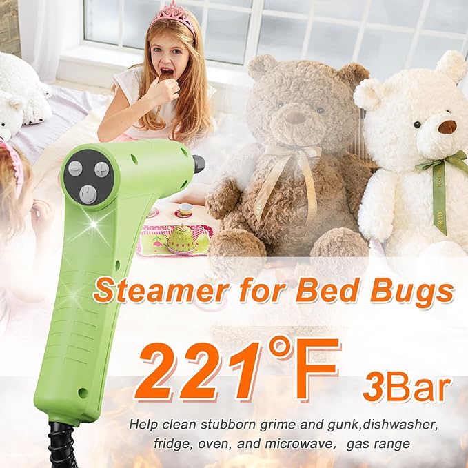 Steam Cleaner, Handheld Steam Cleaner with 6 Levels Adjustable Handle, 1.5L Water Tank, Steamer for Cleaning, Portable Steam Cleaner for Home, Car, Furniture, Couch, Bed Bugs (White & Green)