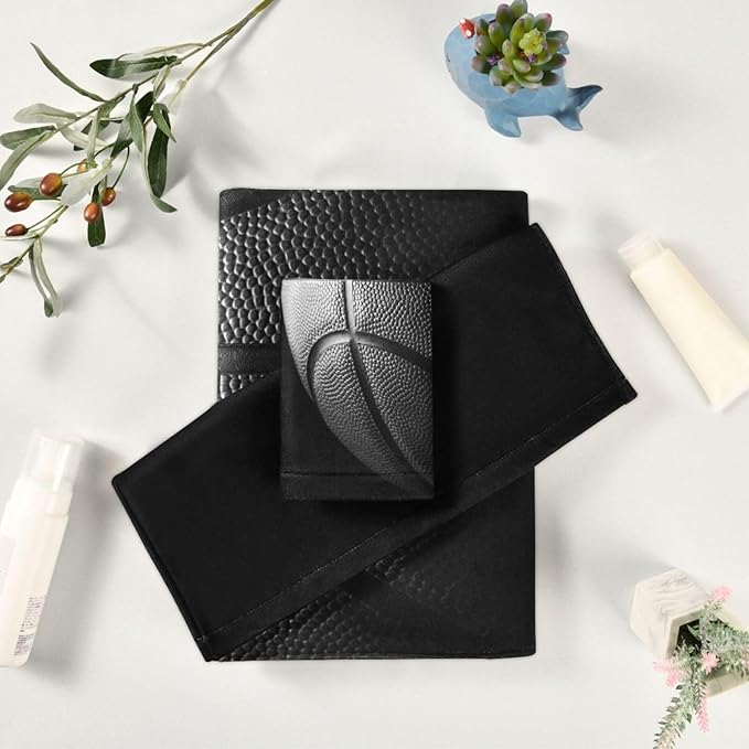 3 Piece Black Grey Basketball Bath Towels Set,Microfiber Absorbent Vintage Sport Themed Ball Print Towels for Bathroom,1 Bath Towel,1 Hand Towel,1 Washcloth,Decorative Guest Bathroom Towels