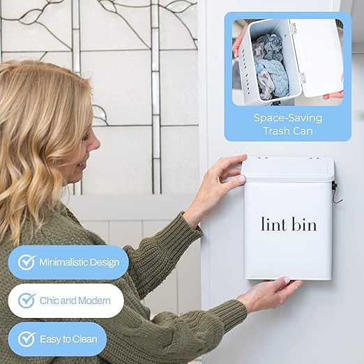 Magnetic Laundry Lint Bin for Dryer | Wall-Mounted Small Trash Can for Laundry Room | Includes Magnetic Hook & Lint Brush | Space-Saving Magnetic Laundry Trash Can | Matte White