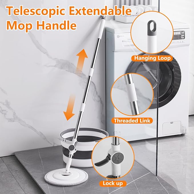 Spin Mop and Bucket Set ,2 Replaceable Microfiber Mop Pads,1 Magic Sponge Eraser pad for Deep-Cleaning Mops for Floors (Mop Set, 10" Mop-Head)