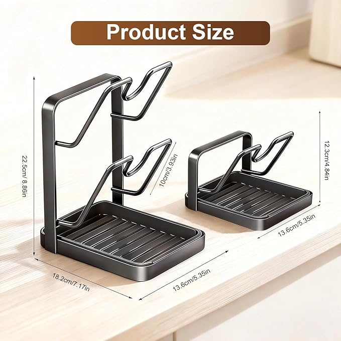 Pot Lid Holder,304 Stainless Steel Pot Lid Holder While Cooking,Kitchen Pot Lid Storage Rack, Removable Drip Tray, Multifunctional Kitchen Organizer Stand for Countertop (White, Double-layer)