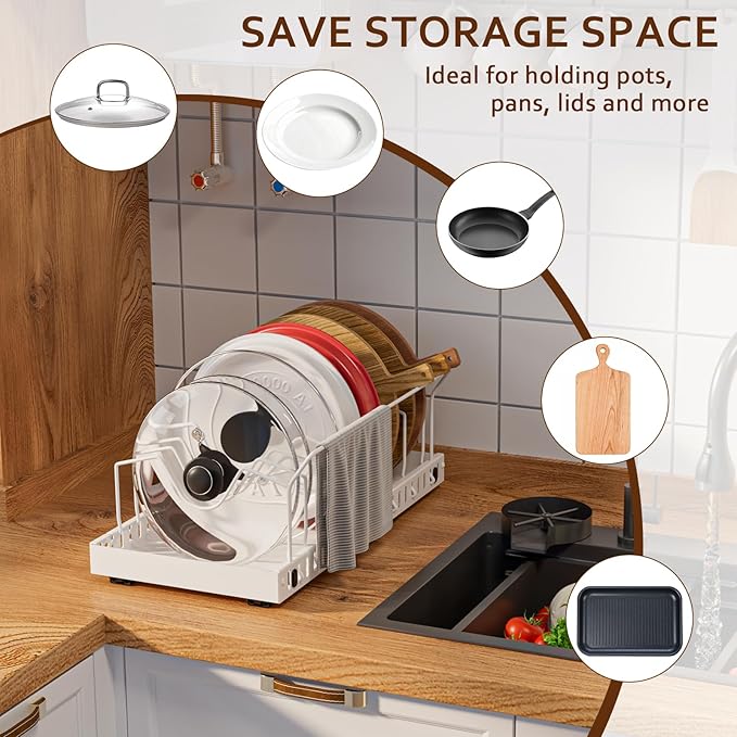 Pots and Pans Organizer Under Cabinet, Pull-out Pots and Pans Organizer, Under Cabinet Pot Lid Holder, Sliding type Pots and Pans Storage with 10 Adjustable Dividers & Handle Bracket - White