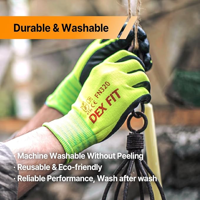 DEX FIT Premium Nylon Nitrile Work Gloves FN320, 3 Pairs, 3D-Comfort Stretchy Fit, Firm Grip, Thin & Lightweight, Durable, Breathable & Cool, Machine Washable; Green 8 (M)