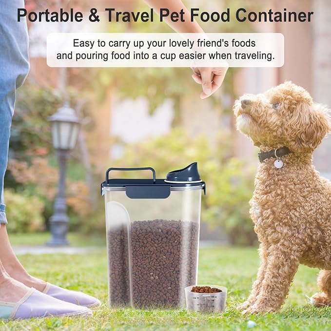 Dog Cat Food Storage Container 5-7 Lbs, Pet Food Container Airtight with Large Spout & Cup, BPA-Free Plastic Food Dispenser for Pet Food, Bird Seed, Rice, Flour (Dark Blue)
