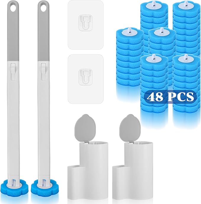 2 Pack Disposable Toilet Brush and Holder Set, Automatic lid-Opening and Closing Toilet Brush with Holder 48 Refills for Bowl Cleaners Bathroom Cleaning Bathtub