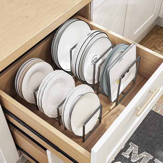 4PCS Plate Holders Organizer, Metal Dish Storage Dying Display Rack for Cabinet, Counter and Cupboard, Grey, 4 Large