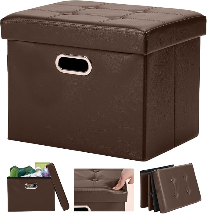 COSYLAND Ottoman with Storage Folding Leather Ottoman Footrest Foot Stool Brown Ottoman for Rooms Small Rectangle Collapsible Bench Furniture with Handles Lid 17x13x13in