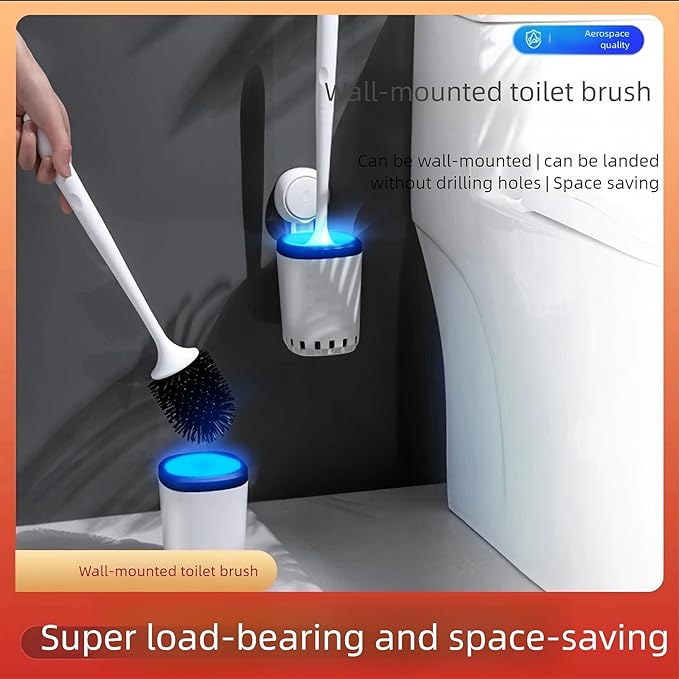 Toilet Bowl Brush and Holder Premium Quality,No Drill Wall Mounted Toilet Brush with Long Handle, Suction Cup Toilet Brush Holder, Non-Scratch Toilet Bowl Brush with Detachable Head,
