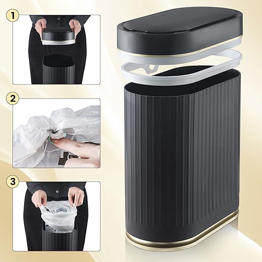 ELPHECO Bathroom Trash Can with Lid 2 Gallon Motion Sensor Garbage Can 7.5 Liter Small Trash can Touchless Bathroom Decor Waterproof Smart Waste Bin with Stripes for Bedroom, Office (Black-Golden)