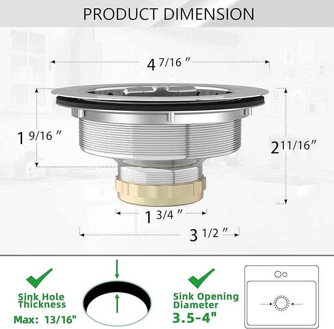 Kitchen Sink Drain 3-1/2 Inch Kitchen Sink Strainer Assembly with T-Shaped Strainer Basket and Drain Stopper for Standard Sink Brushed Stainless Steel
