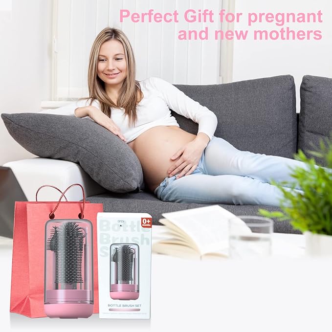 Travel Baby Bottle Brush Set with Extendable Silicone Bottle Brush,Nipple Brush,Staw Brush,Baby Bottle Soap Dispenser,Gift for Newborn Mothers, Suitable for Travel and Home(Peach Pink)