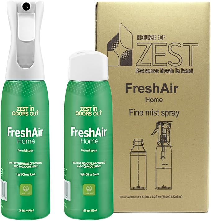 House of Zest FreshAir Home – Eliminate household odors, from trash, laundry, bathroom/diaper stink, and pet funk. Chemical Free, made with plant-based ingredients, with light citrus scent.2pk 32fl oz