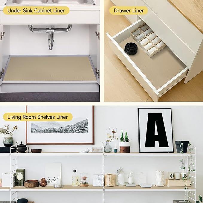 WochiTV Adhesive Shelf Liner 23.6 X 360 Inches Peel and Stick Kitchen Liner for Cabinets, Drawers Removable Protector Mat Waterproof Contact Covering for Dresser Pantry Countertops Shelves, Khaki