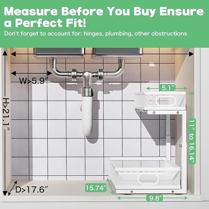 Under Sink Organizer, Height Adjustable 2 Tier Under Sink Organizers and Storage, Slide Out Metal Cabinet Organizers, Pull Out Sink Storage Drawer Shelf for Kitchen Bathroom Cabinet, White, 1 Pack