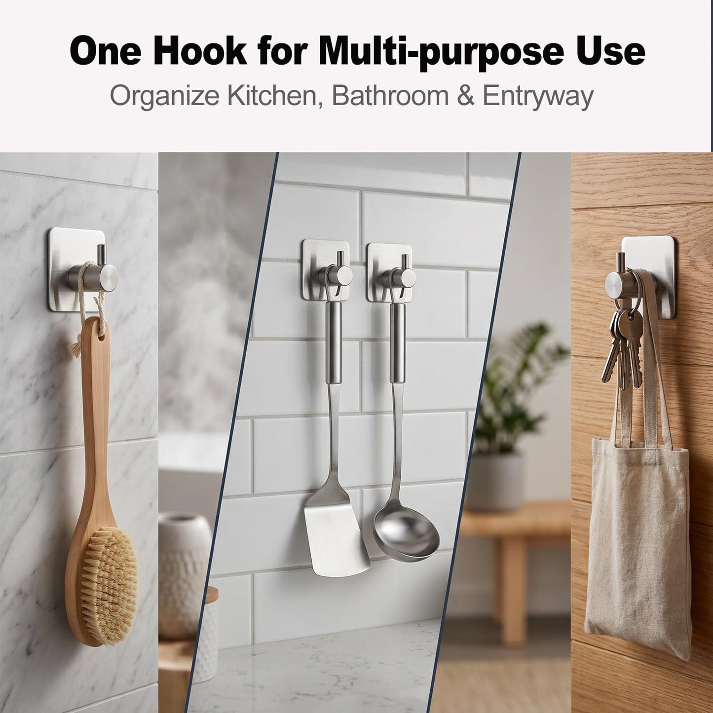 Adhesive Wall Hooks Stainless Steel 6-Pack — No-Drill, 15 lbs Heavy Duty for Bathroom, Kitchen & Entryway