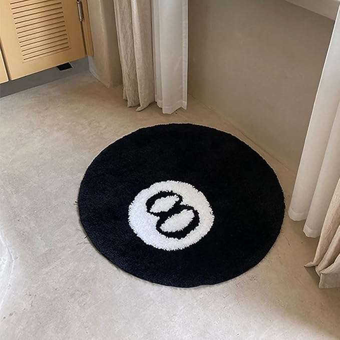 24-Inch Black 8 Ball Rug | Large Round Floor Mat with Cool Eight-Ball Design for Bedroom & Living Room Decor, Ideal Housewarming Gift for Home and Dorm