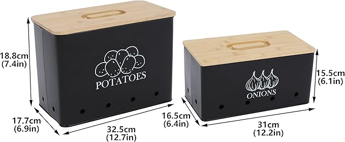 Potato Onion Kitchen Storage Canisters,Storage Bin For Kitchen 2 Pack Set,potatoe, Potato Storage Box,storage And Long Shelf Life With Aerating Tin Storage Holes-Black