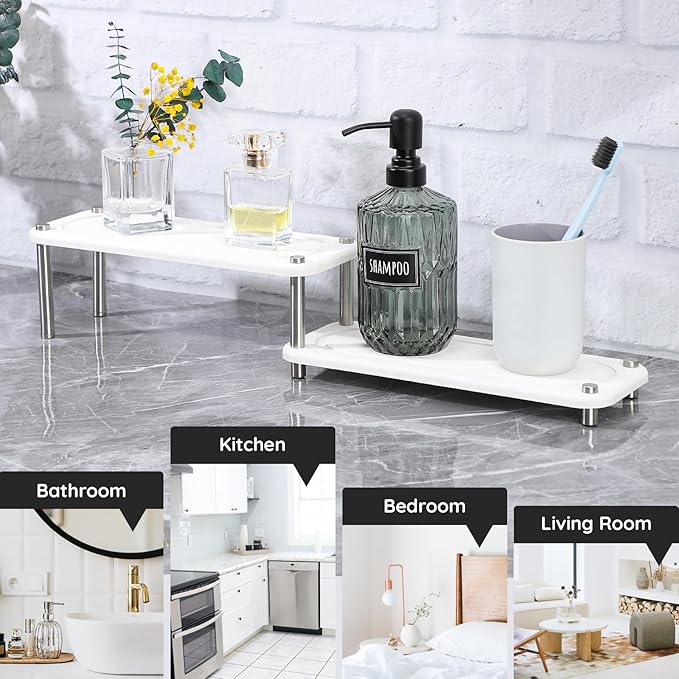 Segbeauty 2 Tier Instant Dry Counter Organizer, 11x4.3in Quick Dry Diatomaceous Earth Stone Drying Tray, Water Absorbing Stone Fast Drying Countertop Rack Sponge Soap Holder for Kitchen Bathroom White