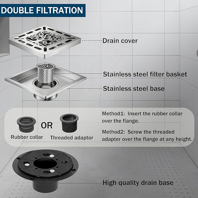4 Inch Shower Drain, Square Shower Floor Drain Kit with Flange and Removable Cover Grate, AISI 304 Stainless Steel, Brushed Nickel