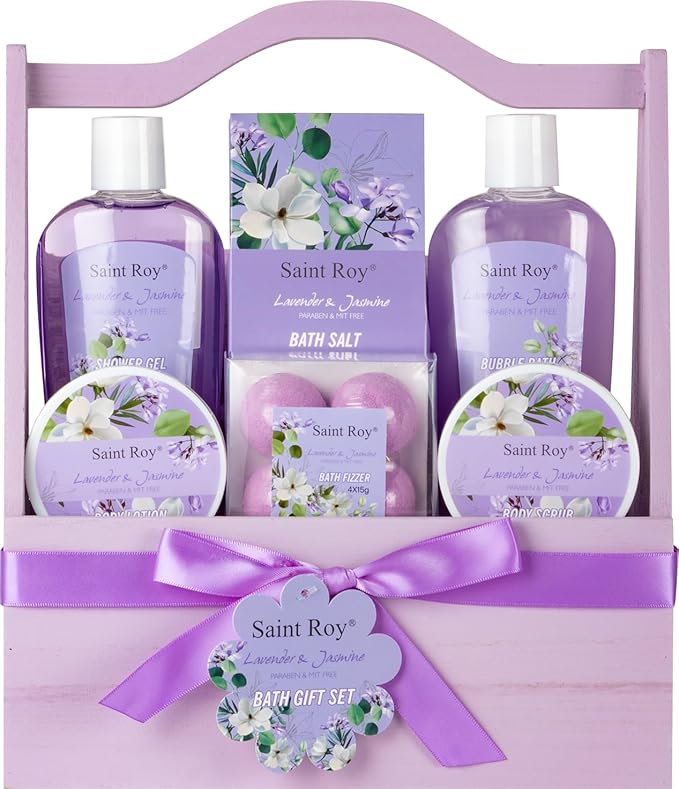 Bath and Body Gift Basket Set for Women - Jasmine Valentines Day Gifts for Women, Spa Gift Basket 13-Piece Bath Gift Set, Gift Set for Ladies Body & Bath Gifts Set Lavender Gift Baskets For Mom